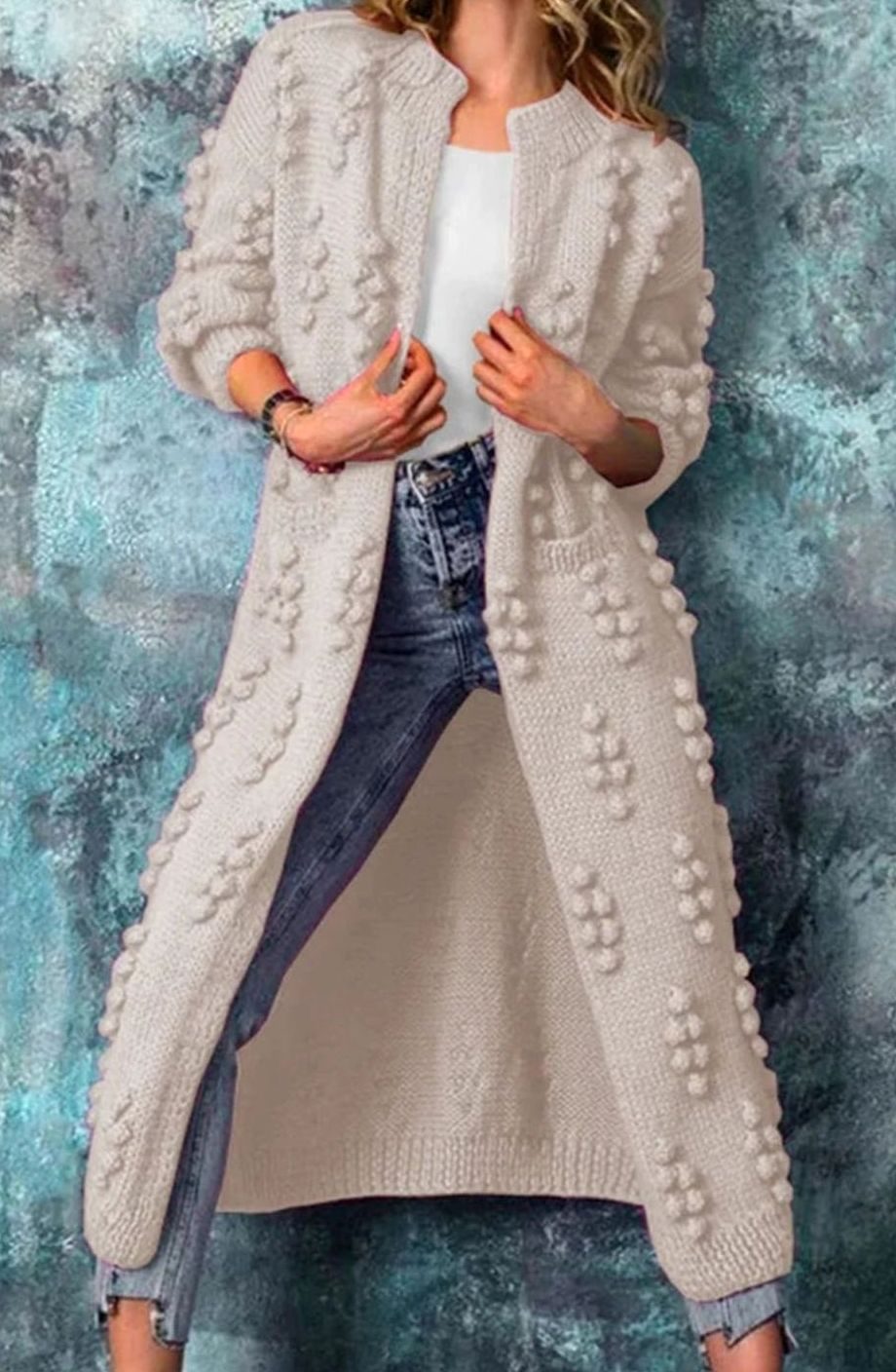 Olivia | Women's Long Open-Front Pom-Pom Knitted Cardigan Sweater