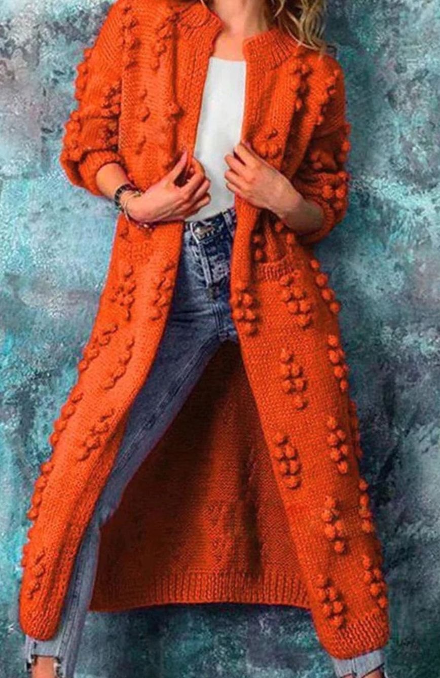 Olivia | Women's Long Open-Front Pom-Pom Knitted Cardigan Sweater