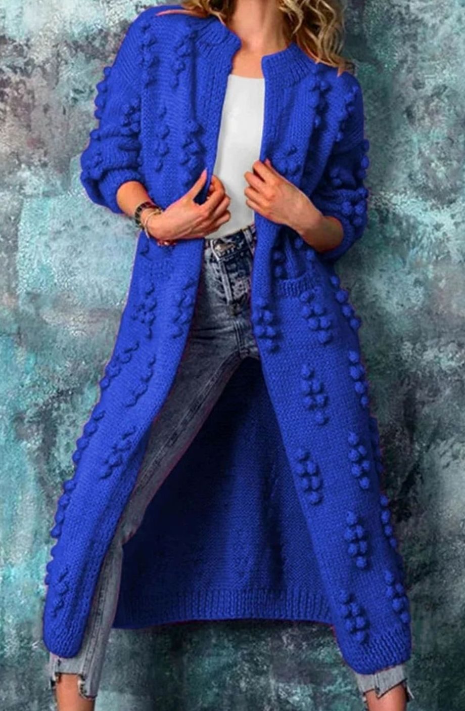 Olivia | Women's Long Open-Front Pom-Pom Knitted Cardigan Sweater