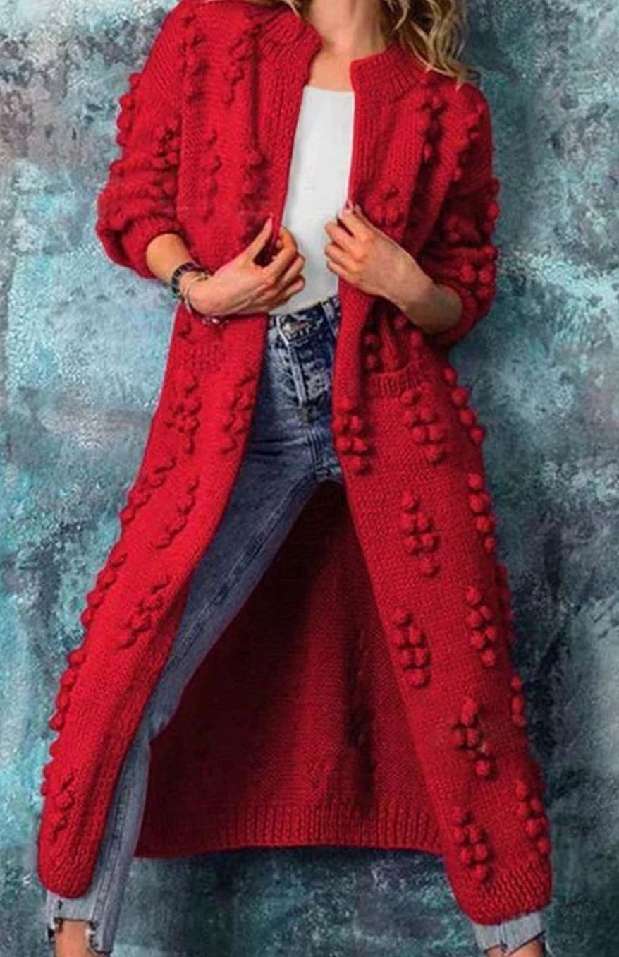 Olivia | Women's Long Open-Front Pom-Pom Knitted Cardigan Sweater