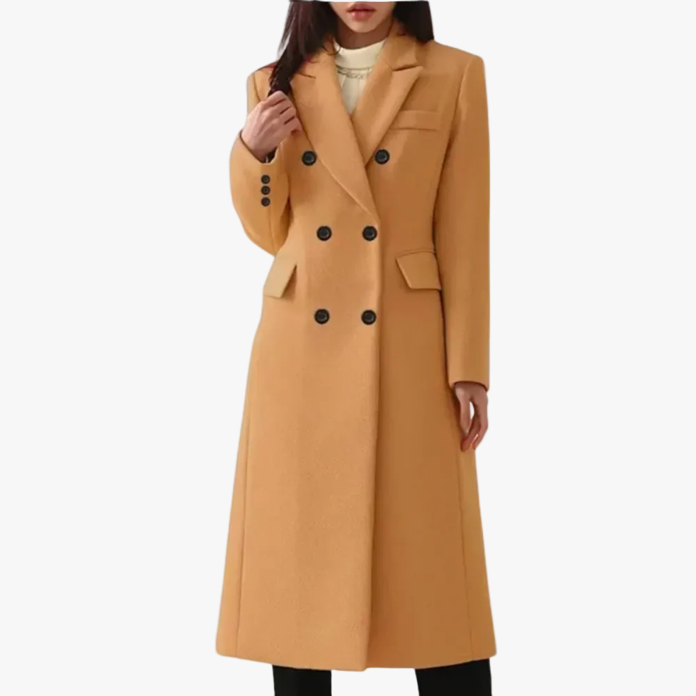 Women's Double-Breasted Long Overcoat - Stylish Blend Material with Notched Lapels