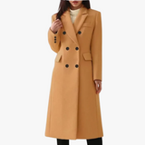 Women's Double-Breasted Long Overcoat - Stylish Blend Material with Notched Lapels