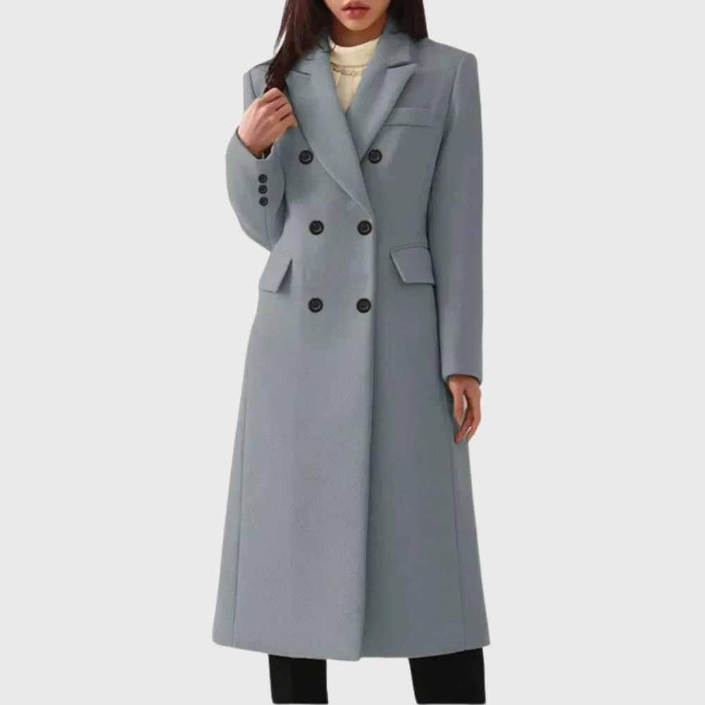Women's Double-Breasted Long Overcoat - Stylish Blend Material with Notched Lapels