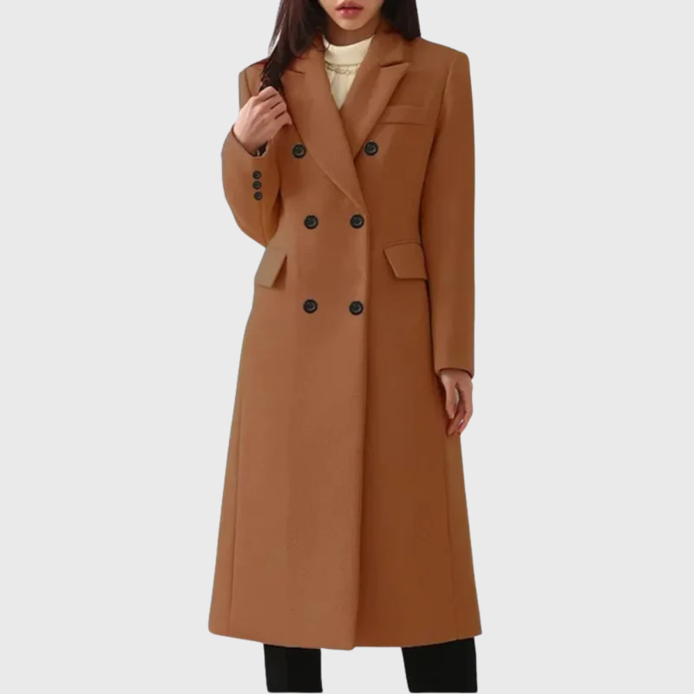 Women's Double-Breasted Long Overcoat - Stylish Blend Material with Notched Lapels