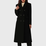 Women's Double-Breasted Long Overcoat - Stylish Blend Material with Notched Lapels