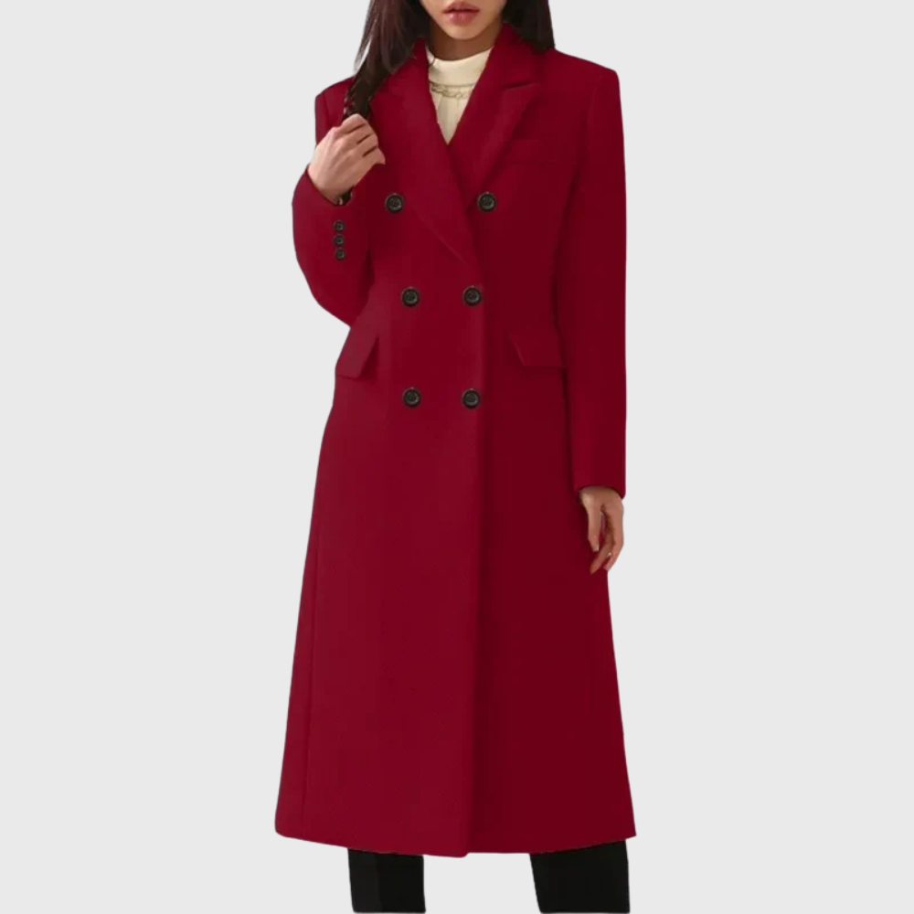 Women's Double-Breasted Long Overcoat - Stylish Blend Material with Notched Lapels