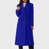 Women's Double-Breasted Long Overcoat - Stylish Blend Material with Notched Lapels