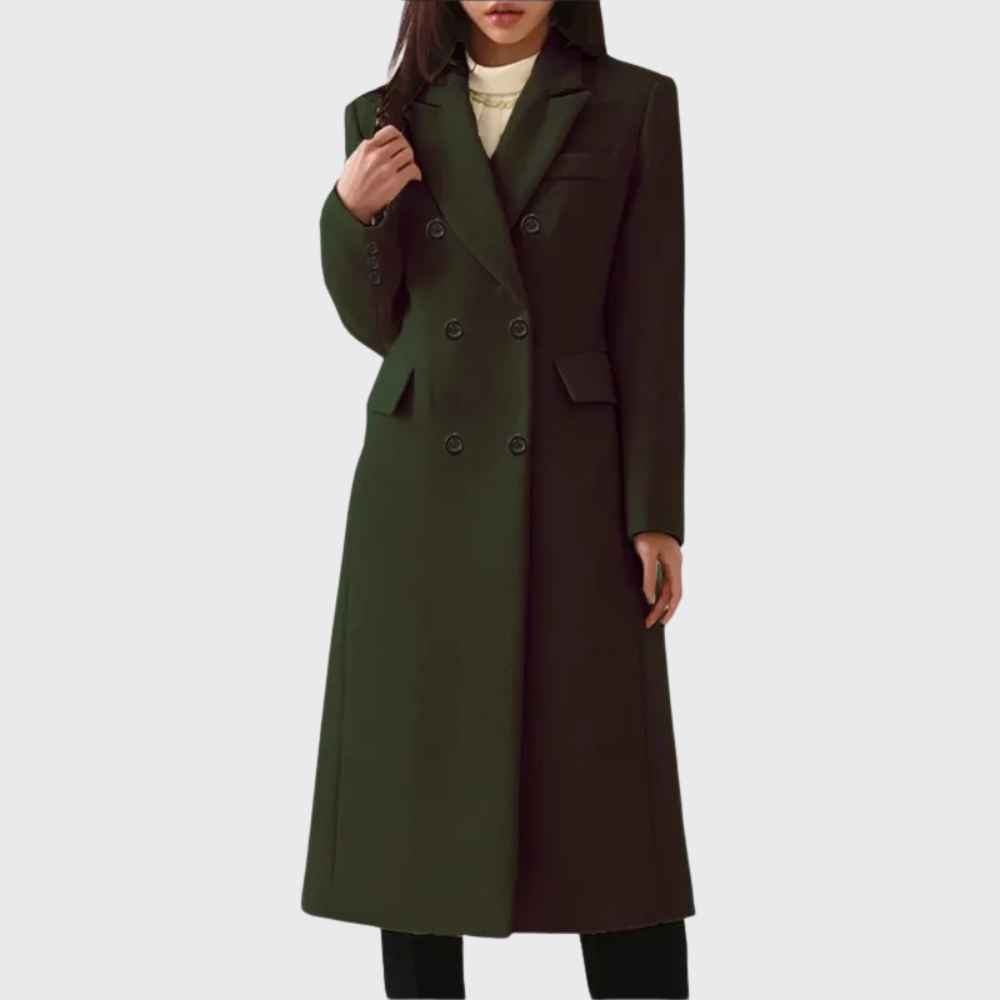 Women's Double-Breasted Long Overcoat - Stylish Blend Material with Notched Lapels
