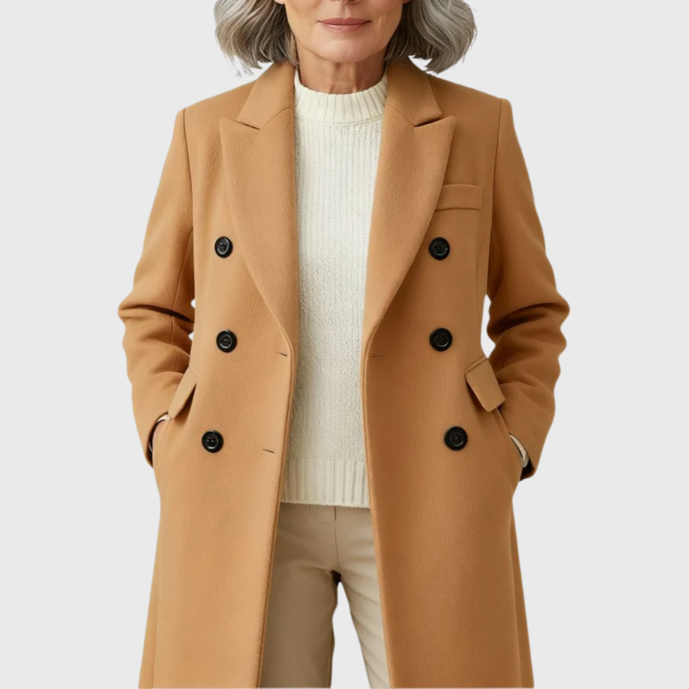 Women's Double-Breasted Long Overcoat - Stylish Blend Material with Notched Lapels