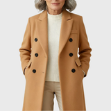Women's Double-Breasted Long Overcoat - Stylish Blend Material with Notched Lapels