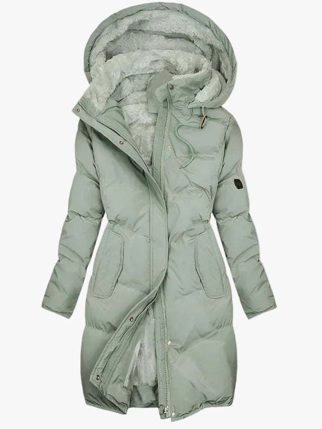 Women's Long Quilted Puffer Jacket with Hood & Zip Placket - Warm Winter Outerwear