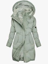Women's Long Quilted Puffer Jacket with Hood & Zip Placket - Warm Winter Outerwear