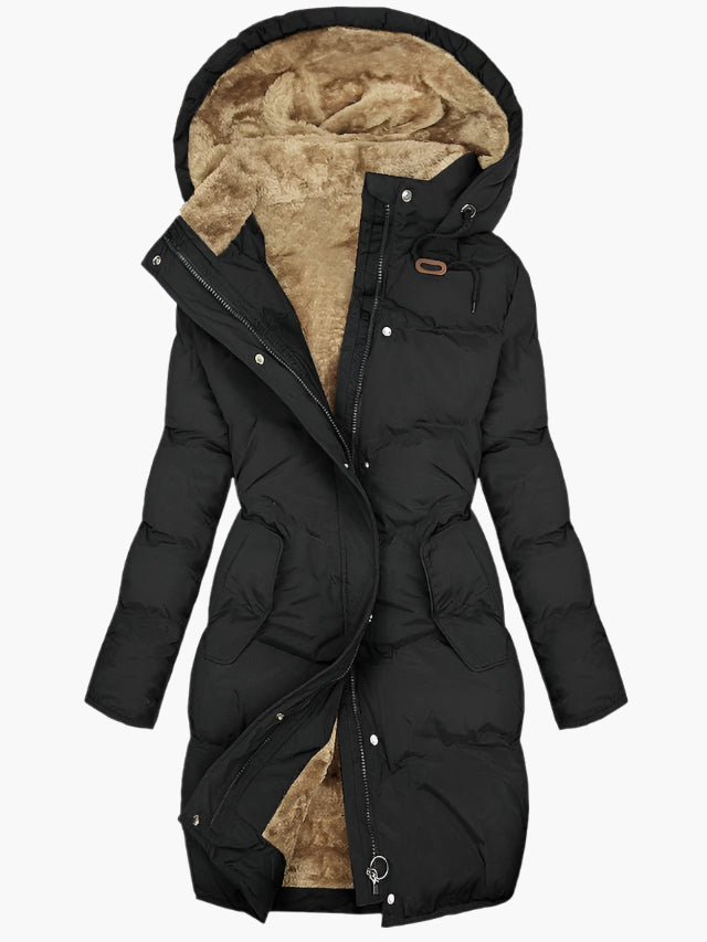 Women's Long Quilted Puffer Jacket with Hood & Zip Placket - Warm Winter Outerwear