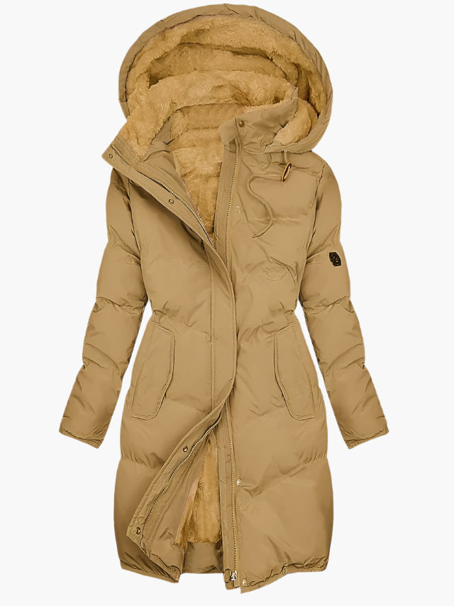 Women's Long Quilted Puffer Jacket with Hood & Zip Placket - Warm Winter Outerwear