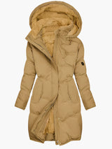Women's Long Quilted Puffer Jacket with Hood & Zip Placket - Warm Winter Outerwear