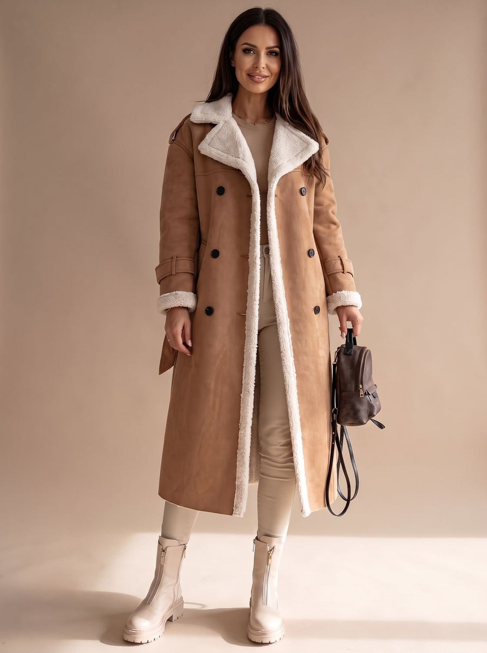 Grace | Women's Long Teddy Winter Coat Double-Breasted Sherpa Belted
