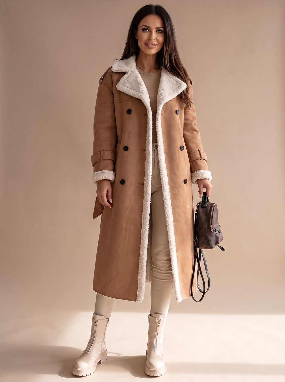 Grace | Women's Long Teddy Winter Coat Double-Breasted Sherpa Belted