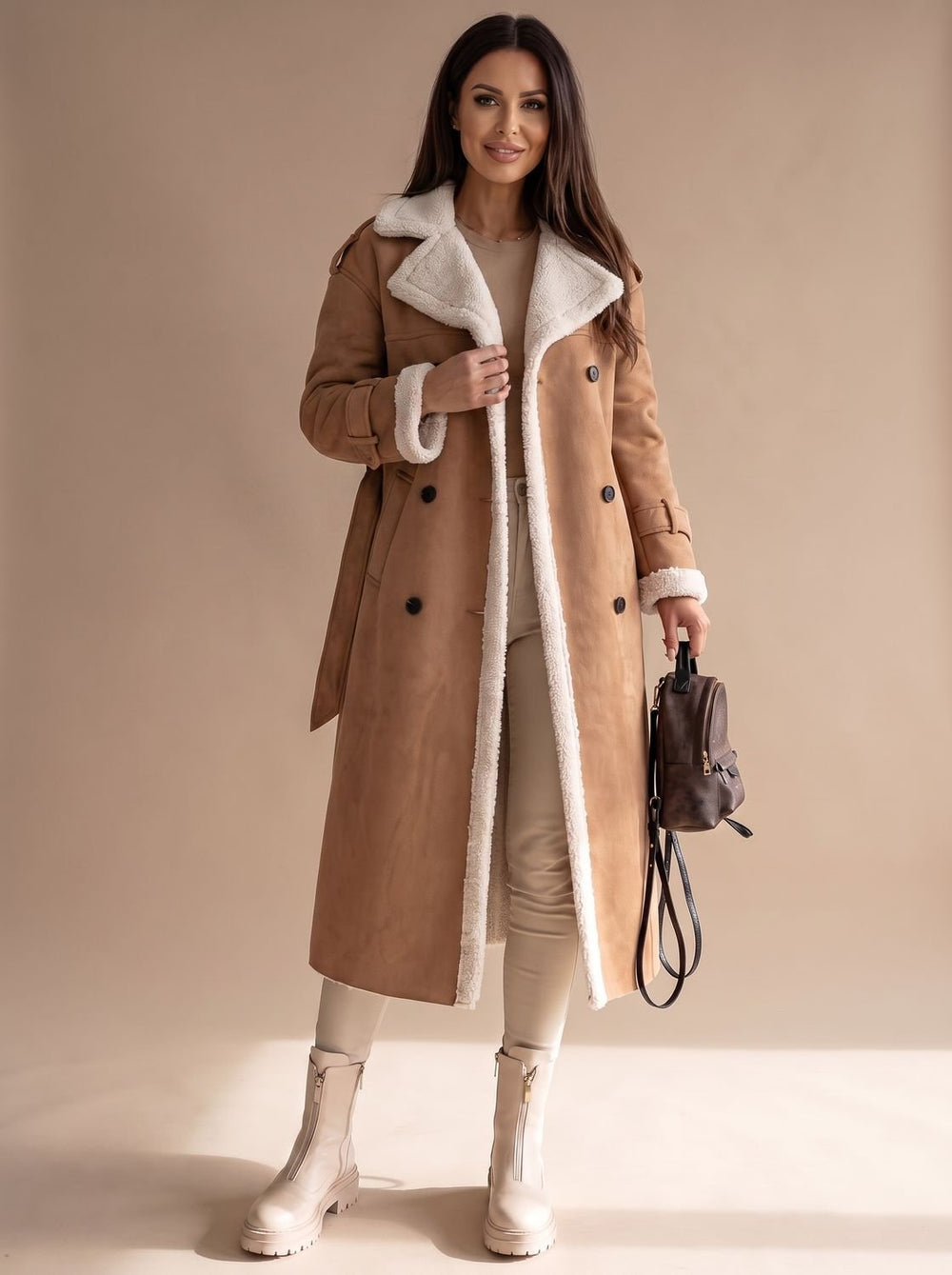 Grace | Women's Long Teddy Winter Coat Double-Breasted Sherpa Belted