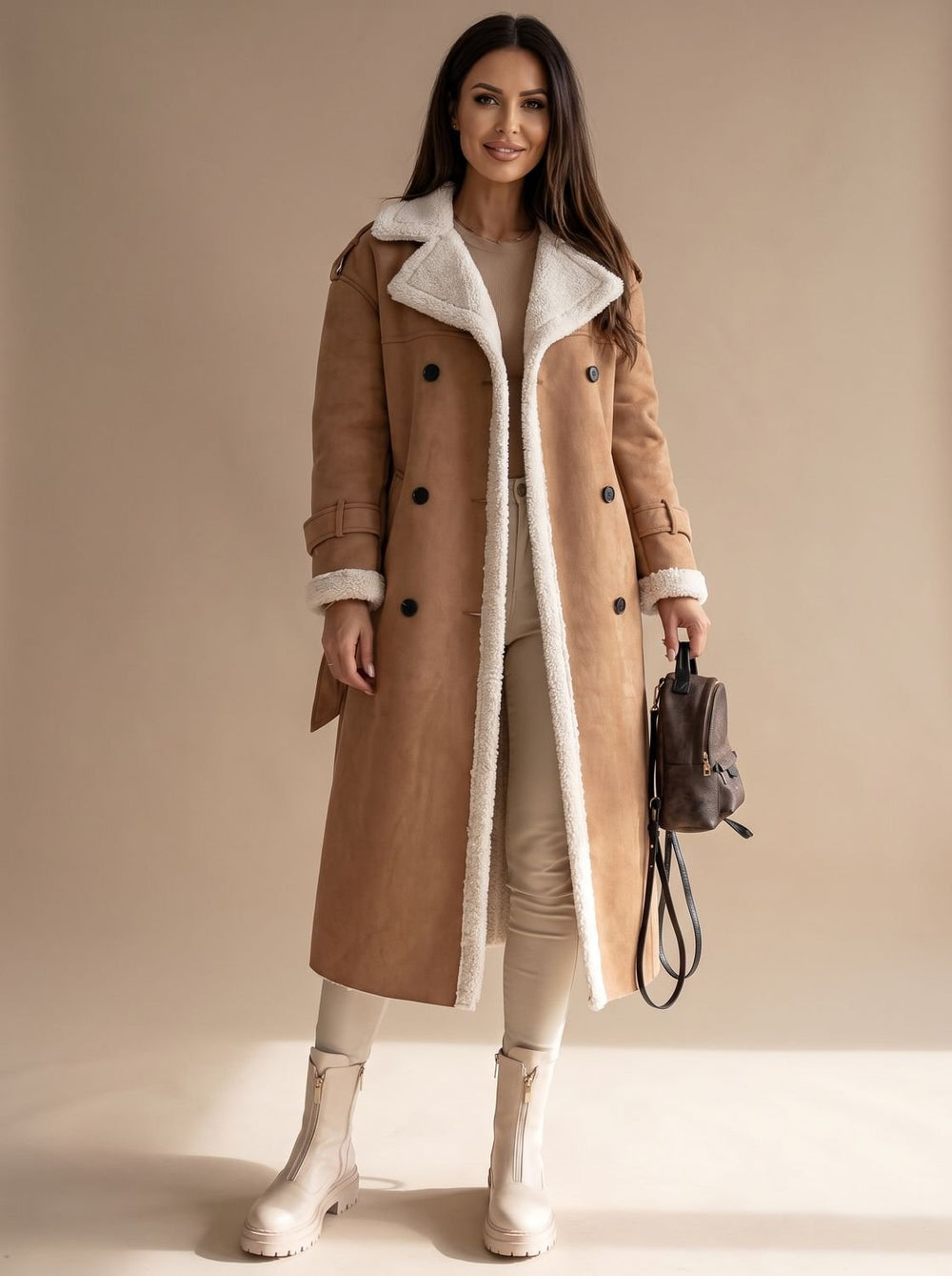 Grace | Women's Long Teddy Winter Coat Double-Breasted Sherpa Belted