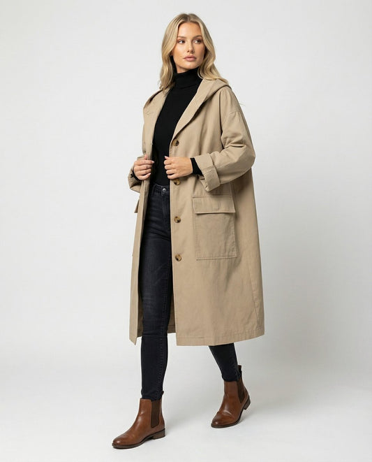 Women's Waterproof Hooded Trench Coat – Long Length