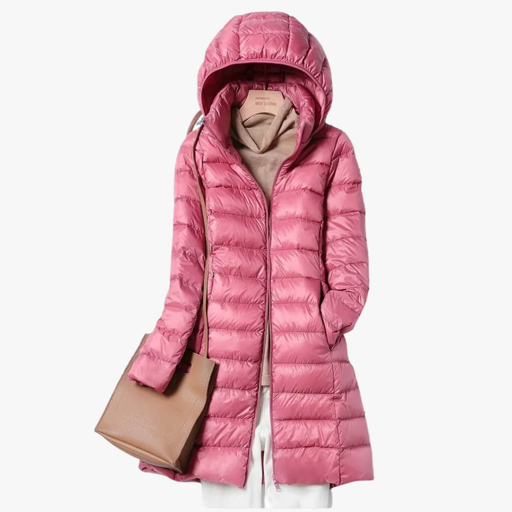 Optimized Product Title: Women's Longline Hooded Nylon Puffer Jacket with Zip Front - Warm, Stylish Winter Coat for Cold Weather 

This title includes relevant keywords while highlighting key features and benefits to attract potential buyers.