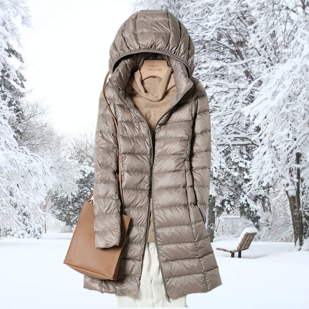 Optimized Product Title: Women's Longline Hooded Nylon Puffer Jacket with Zip Front - Warm, Stylish Winter Coat for Cold Weather 

This title includes relevant keywords while highlighting key features and benefits to attract potential buyers.