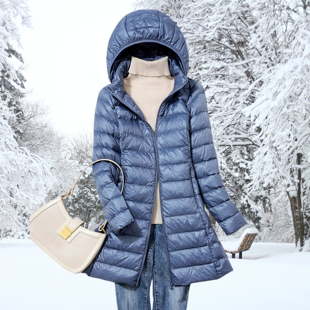Optimized Product Title: Women's Longline Hooded Nylon Puffer Jacket with Zip Front - Warm, Stylish Winter Coat for Cold Weather 

This title includes relevant keywords while highlighting key features and benefits to attract potential buyers.