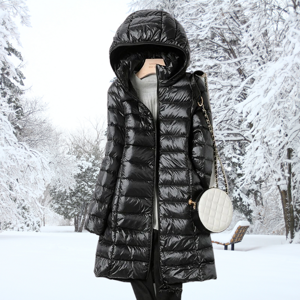 Optimized Product Title: Women's Longline Hooded Nylon Puffer Jacket with Zip Front - Warm, Stylish Winter Coat for Cold Weather 

This title includes relevant keywords while highlighting key features and benefits to attract potential buyers.