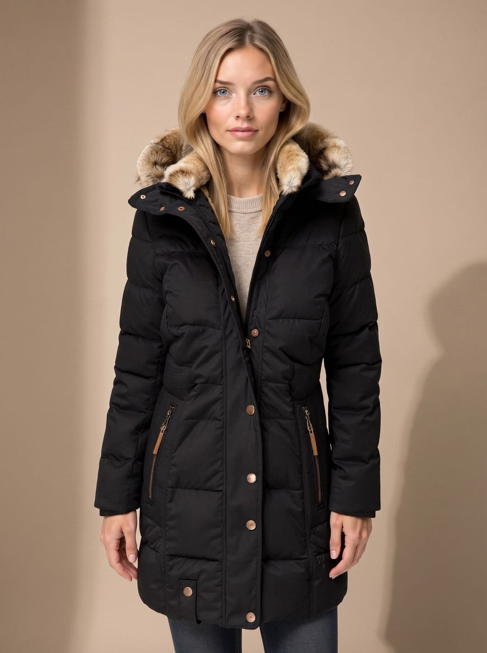 Layla | Women's Longline Quilted Puffer Coat Faux Fur Hooded