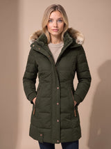 Layla | Women's Longline Quilted Puffer Coat Faux Fur Hooded