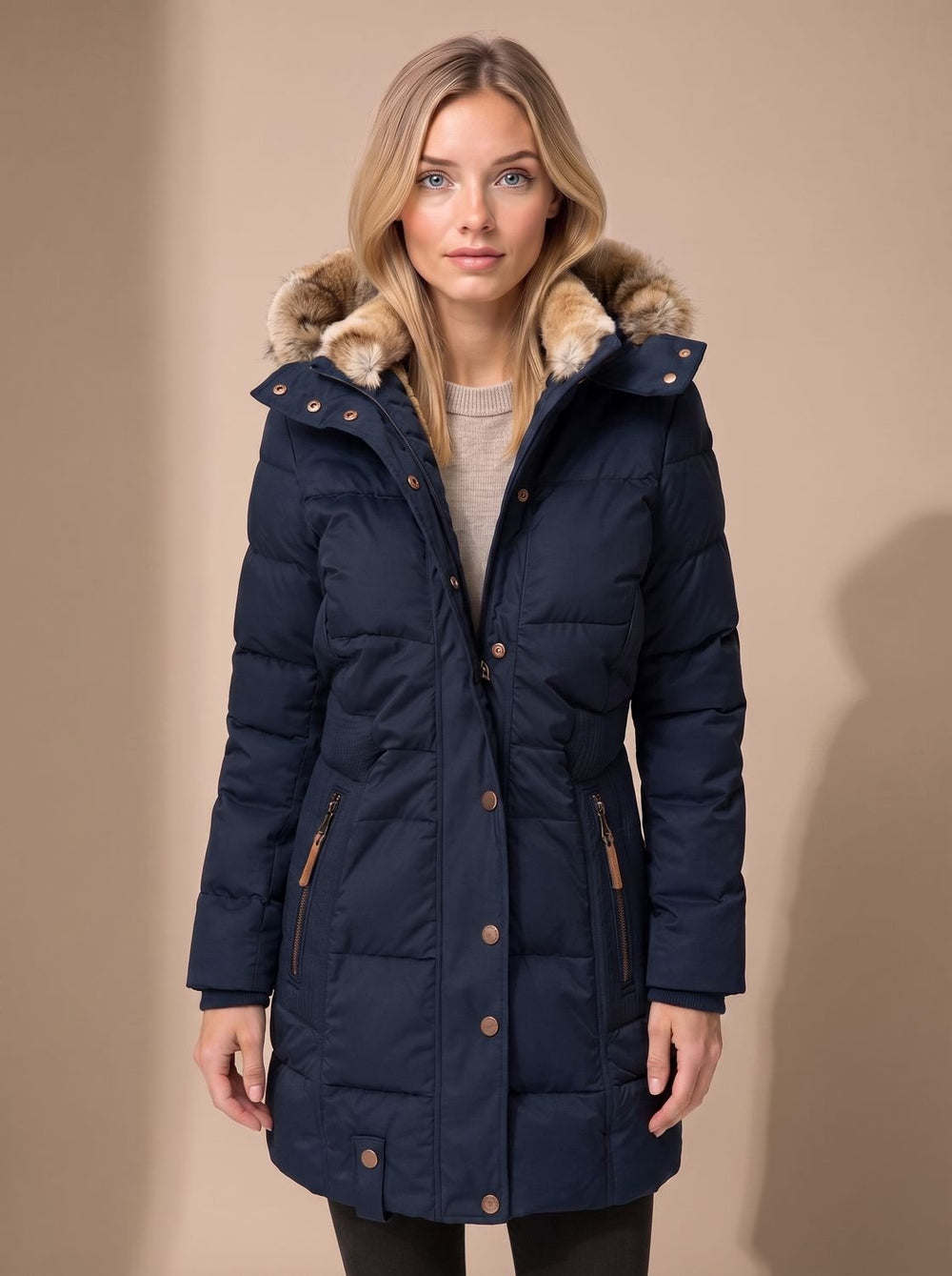 Layla | Women's Longline Quilted Puffer Coat Faux Fur Hooded