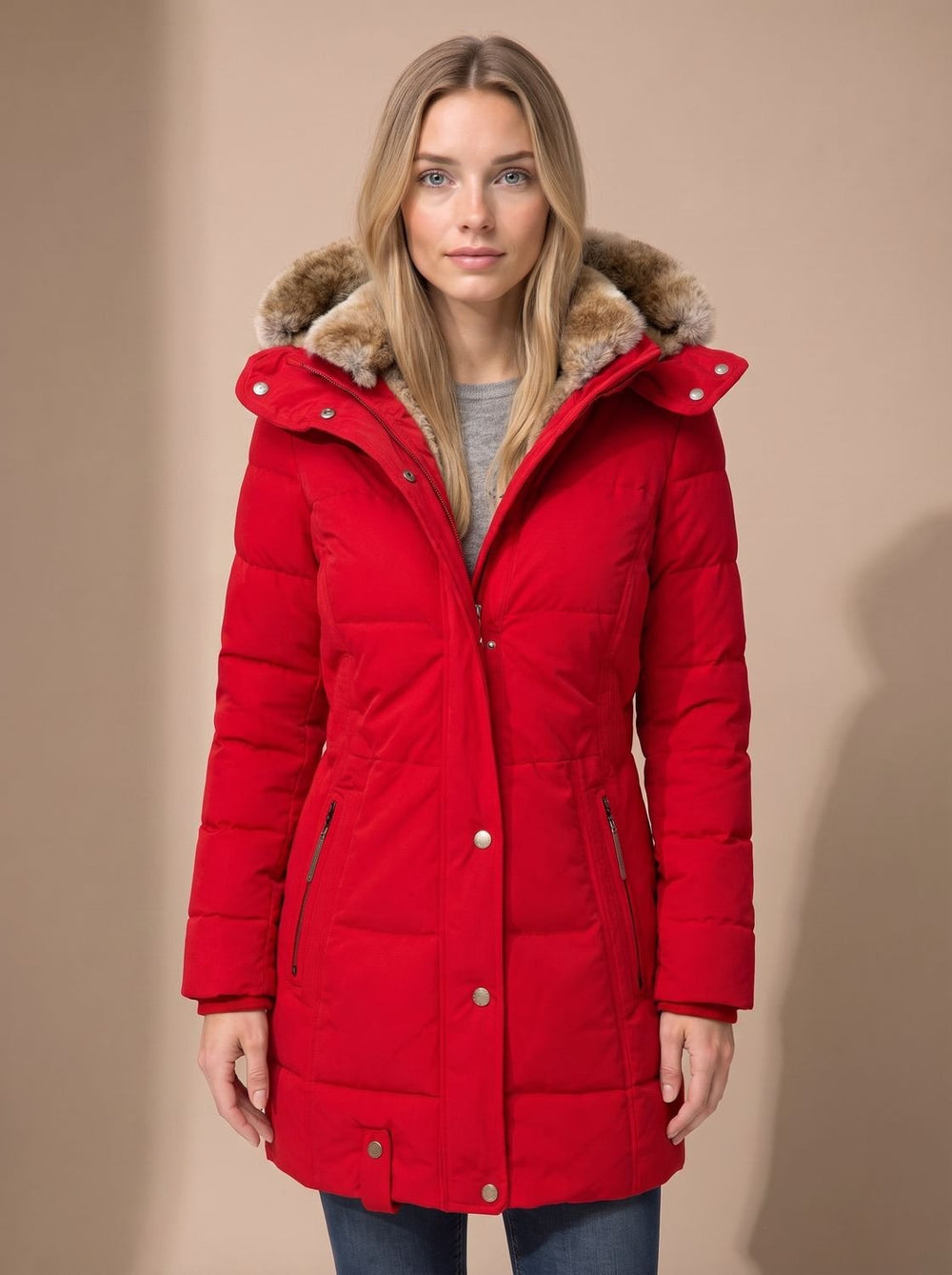 Layla | Women's Longline Quilted Puffer Coat Faux Fur Hooded