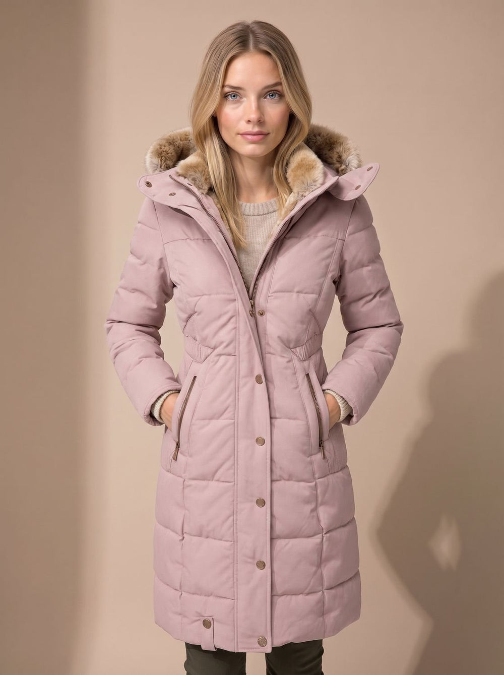 Layla | Women's Longline Quilted Puffer Coat Faux Fur Hooded