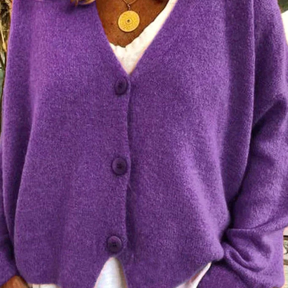 Luna | Women's Loose-Fit V-Neck Button-Front Knit Cardigan - 15