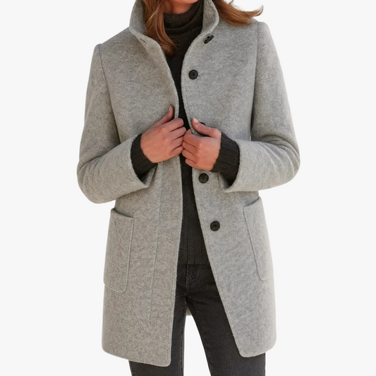 Women's Mid-Length Blend Coat with Stand Collar & Patch Pockets - Stylish Outerwear for All Seasons