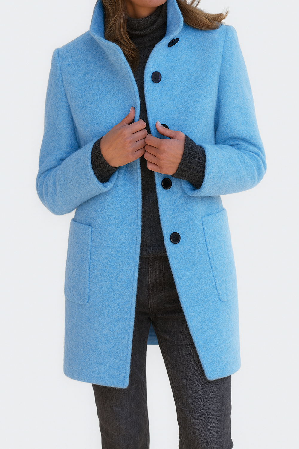Women's Mid-Length Blend Coat with Stand Collar & Patch Pockets - Stylish Outerwear for All Seasons