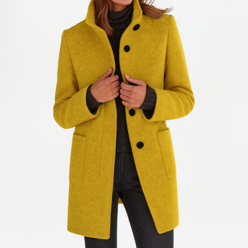 Women's Mid-Length Blend Coat with Stand Collar & Patch Pockets - Stylish Outerwear for All Seasons