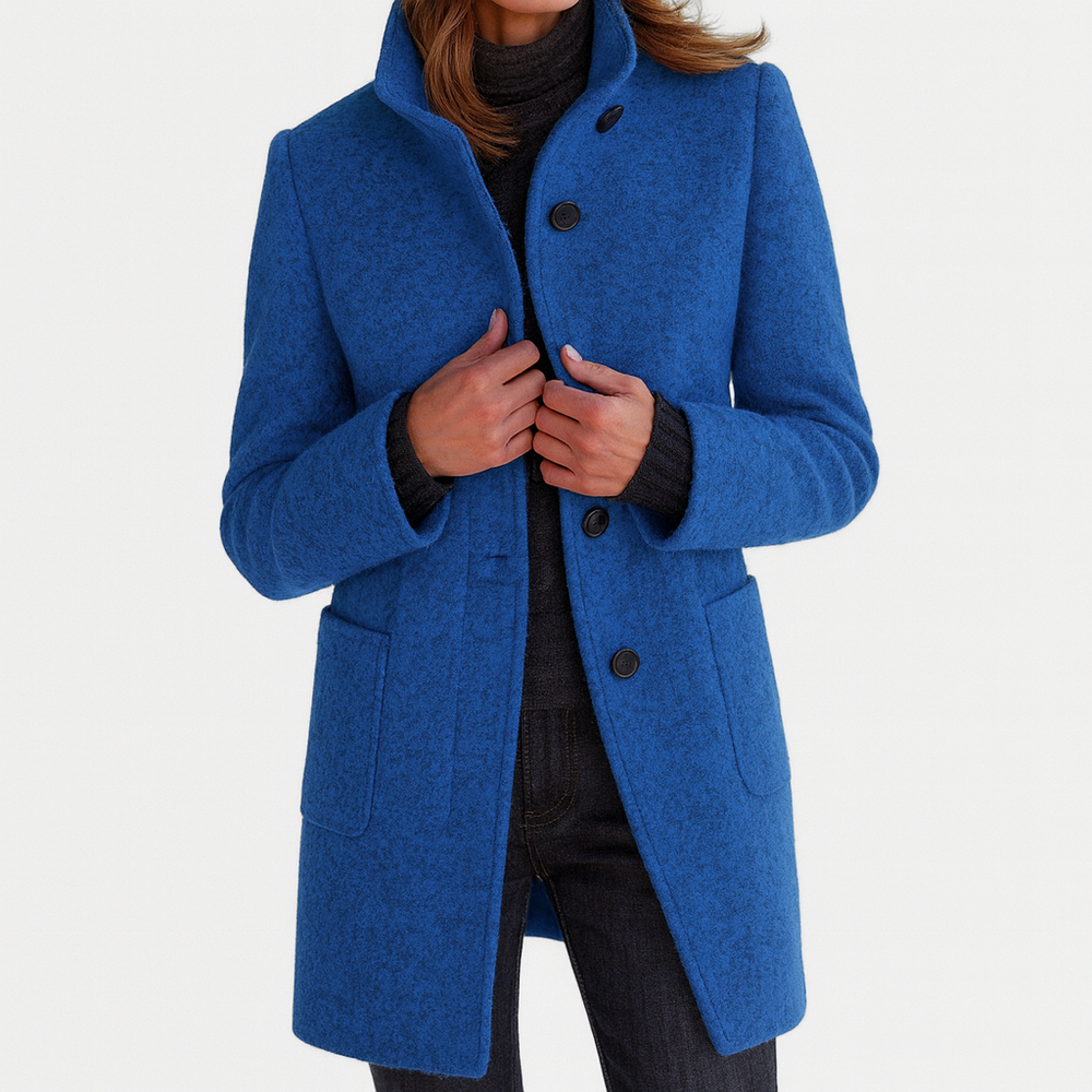Women's Mid-Length Blend Coat with Stand Collar & Patch Pockets - Stylish Outerwear for All Seasons