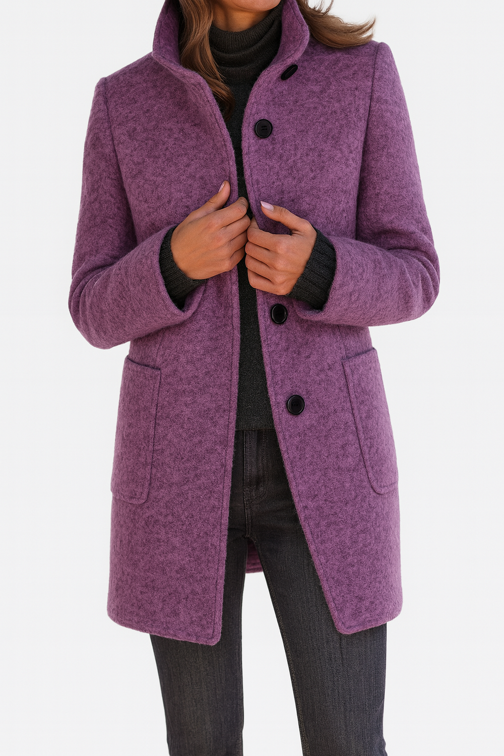 Women's Mid-Length Blend Coat with Stand Collar & Patch Pockets - Stylish Outerwear for All Seasons