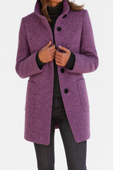 Women's Mid-Length Blend Coat with Stand Collar & Patch Pockets - Stylish Outerwear for All Seasons
