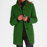 Women's Mid-Length Blend Coat with Stand Collar & Patch Pockets - Stylish Outerwear for All Seasons