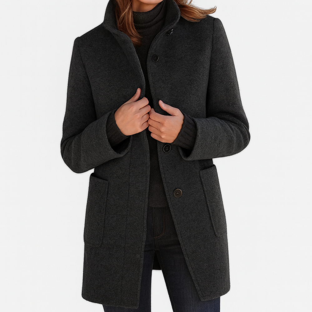 Women's Mid-Length Blend Coat with Stand Collar & Patch Pockets - Stylish Outerwear for All Seasons