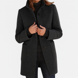 Women's Mid-Length Blend Coat with Stand Collar & Patch Pockets - Stylish Outerwear for All Seasons