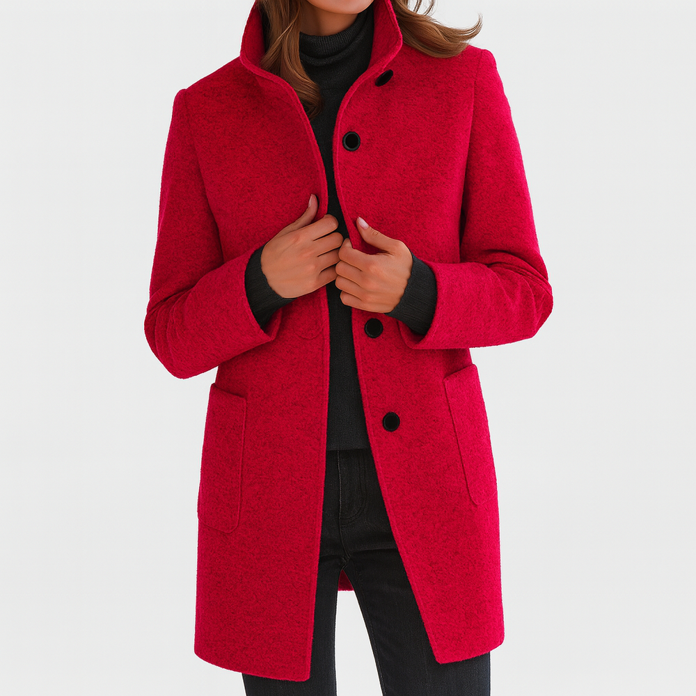 Women's Mid-Length Blend Coat with Stand Collar & Patch Pockets - Stylish Outerwear for All Seasons