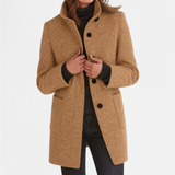 Women's Mid-Length Blend Coat with Stand Collar & Patch Pockets - Stylish Outerwear for All Seasons