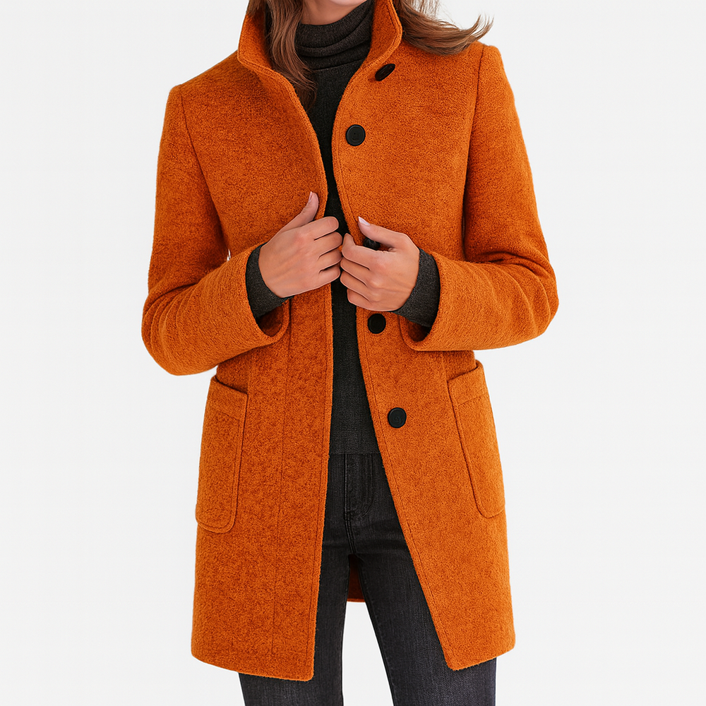 Women's Mid-Length Blend Coat with Stand Collar & Patch Pockets - Stylish Outerwear for All Seasons