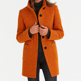 Women's Mid-Length Blend Coat with Stand Collar & Patch Pockets - Stylish Outerwear for All Seasons
