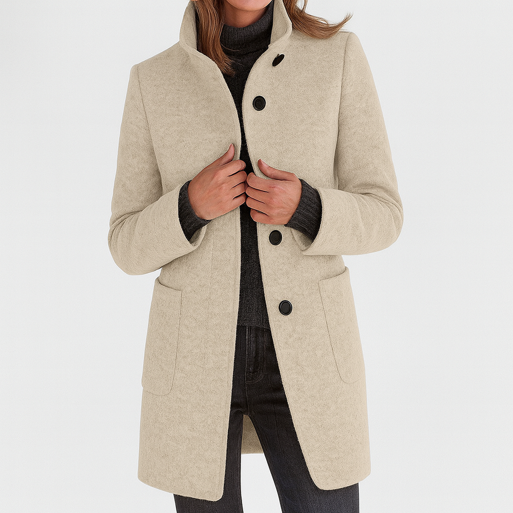 Women's Mid-Length Blend Coat with Stand Collar & Patch Pockets - Stylish Outerwear for All Seasons