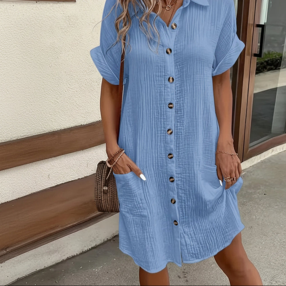Women's Midi Shirt Dress – Short Sleeve, Cotton Gauze & Button-Front Pockets