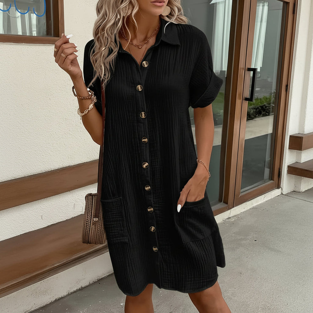 Women's Midi Shirt Dress – Short Sleeve, Cotton Gauze & Button-Front Pockets